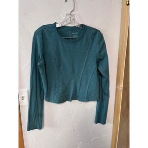 Pilcro Anthropologie Womens Teal Cotton Slub Exposed Seam Cropped L/S Top